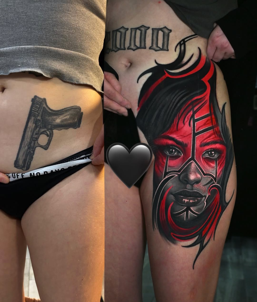 Tatuaż portretu z bronią palną na udzie — realistyczny, Andrew.tattss, Polska