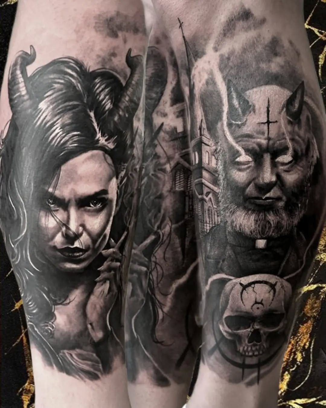 Tatuaż demon, kobieta, czaszka na rękawie — realistyczny, Kacper, Kraków