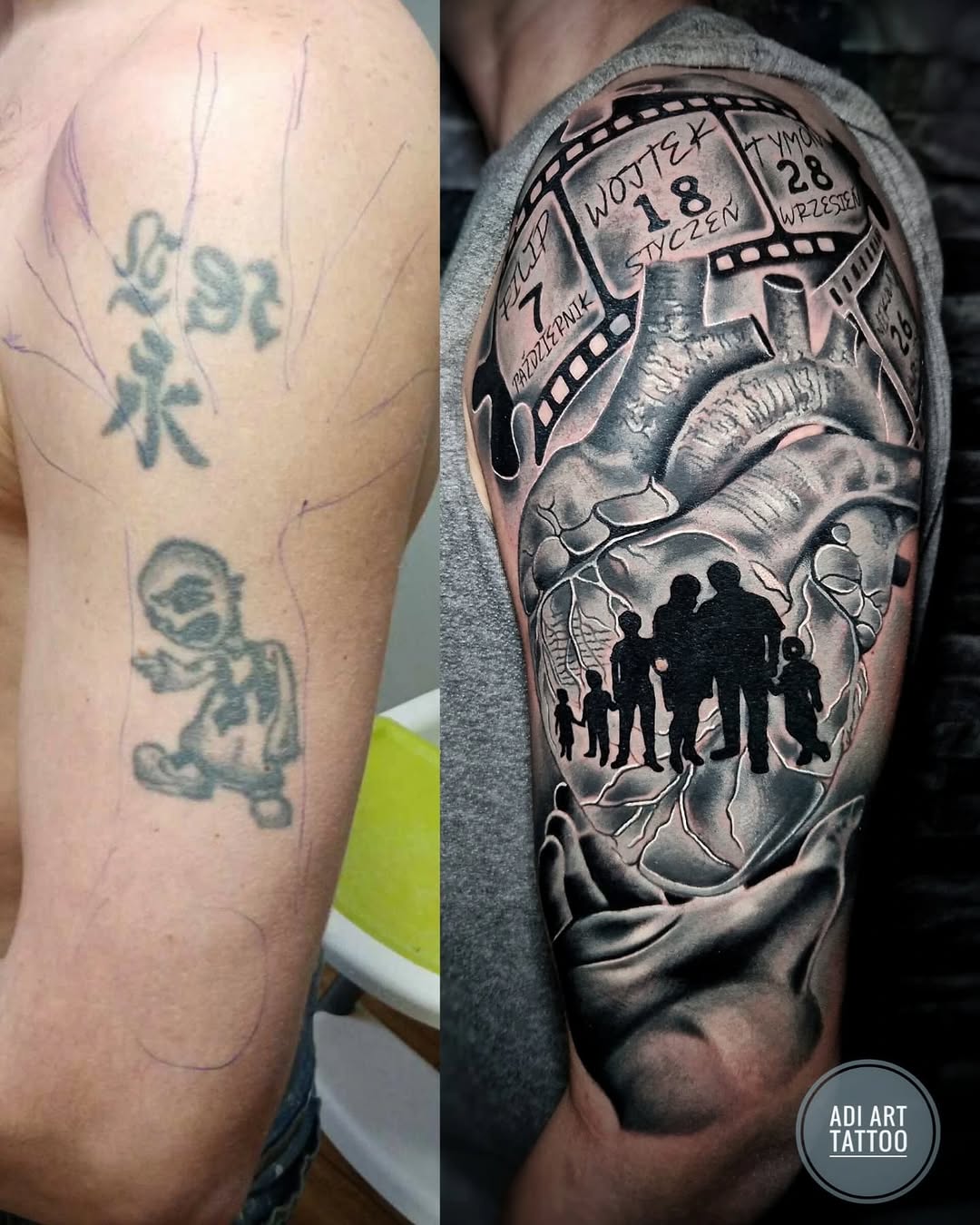 Tatuaż: postać · serce. Wykonał Adi (Kraków). Otwórz zdjęcie w profilu.