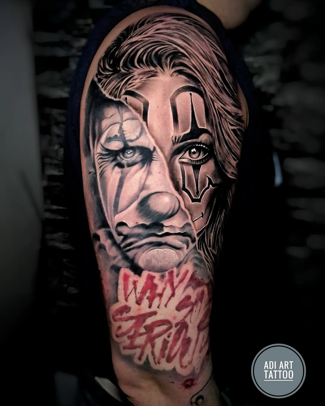 Tatuaż: klown · twarz. Wykonał Adi (Kraków). Otwórz zdjęcie w profilu.