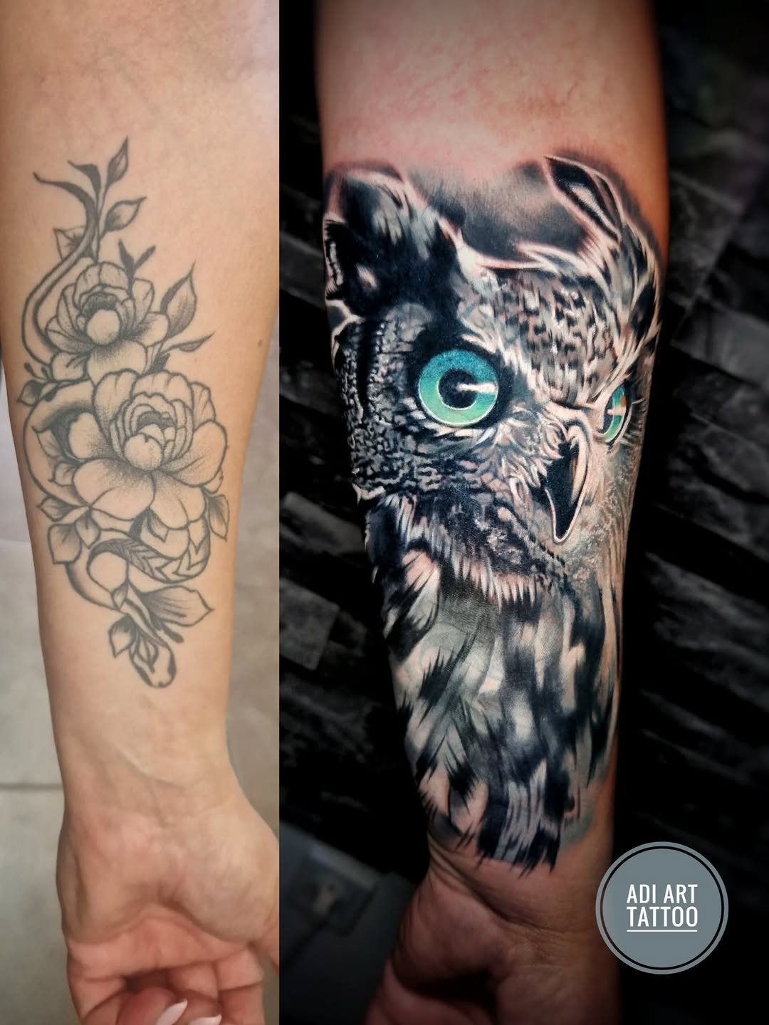 Tatuaż sowy na przedramieniu — realistyczny, Adi, Kraków