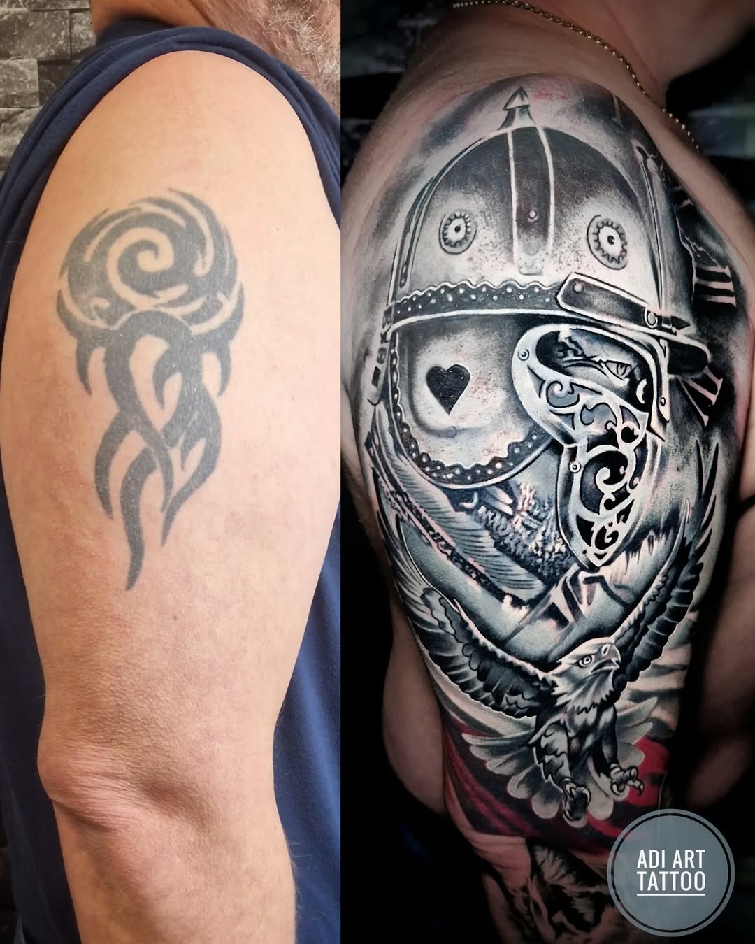 Tatuaż rycerza z orłem na ramieniu — realizm, tribal, artysta Adi, Kraków