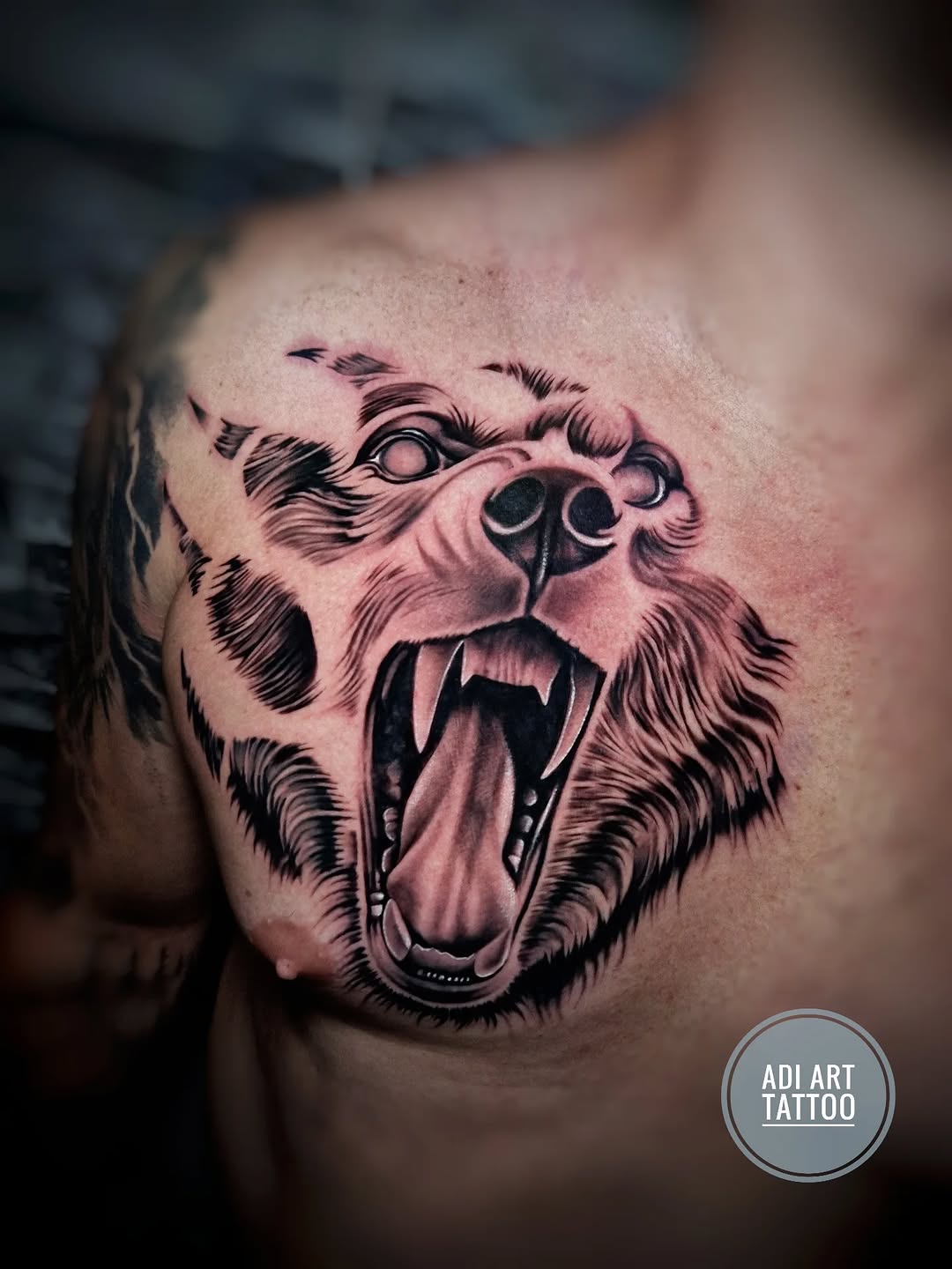 Tatuaż wilka i psa na klatce piersiowej — realistyczny, Adi, Kraków