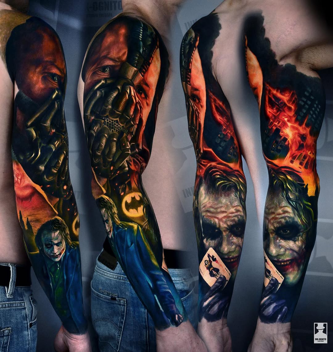 Tatuaż Joker, Bane i Batman na rękawie — realistyczny, KID KUDI, Katowice