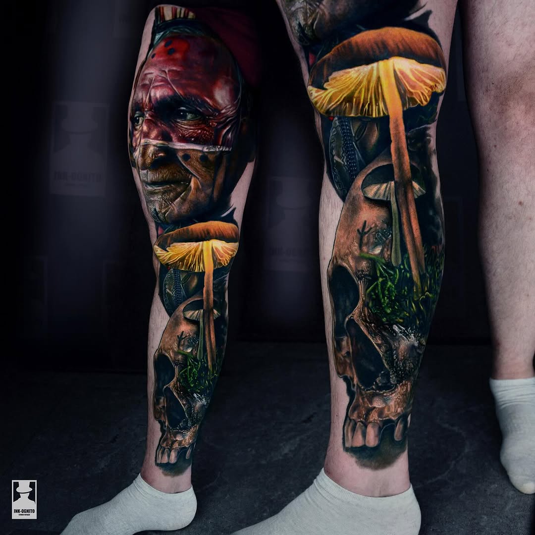 Tatuaż: czaszka · mushroom. Wykonał KID KUDI (Kraków). Otwórz zdjęcie w profilu.