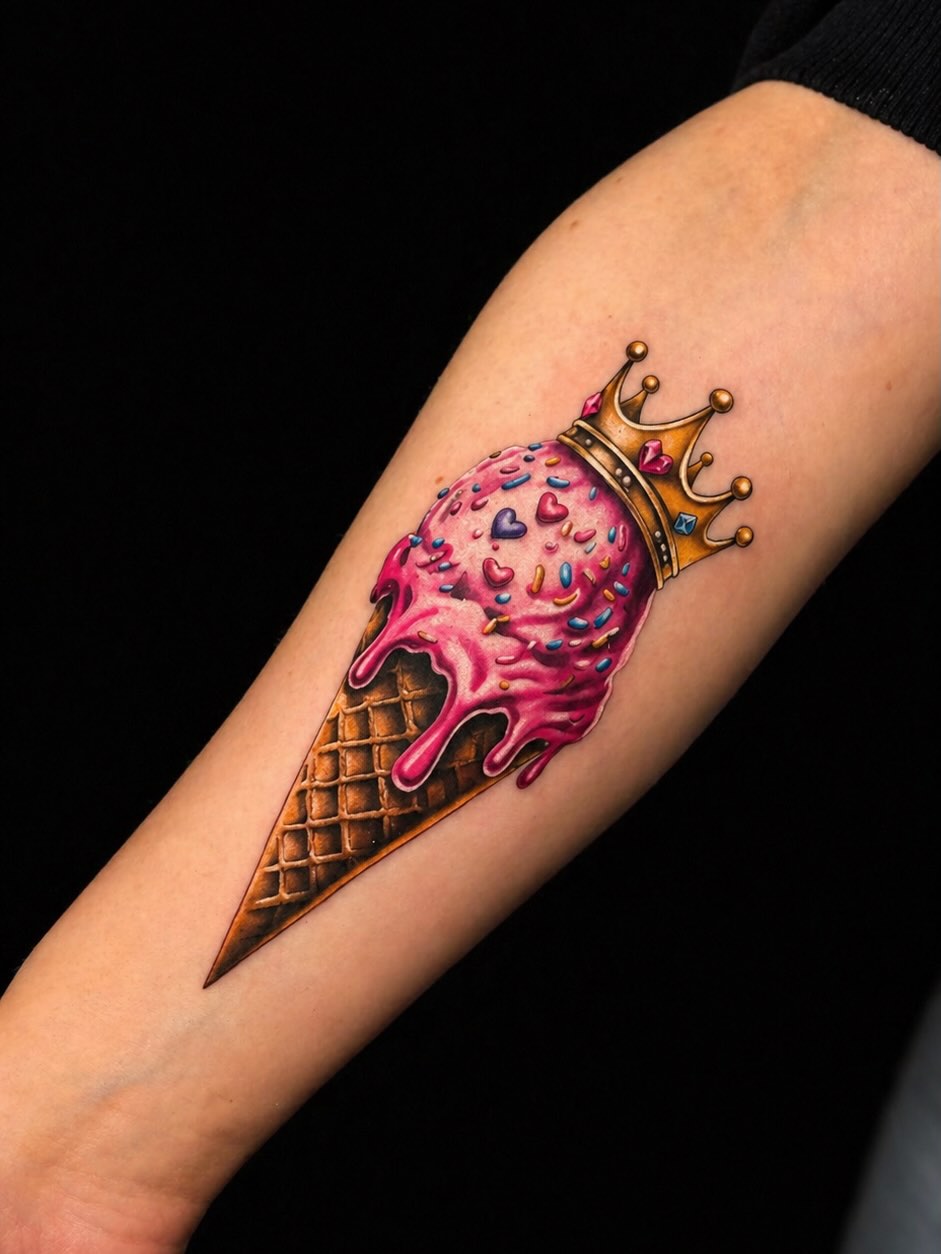 Tatuaż kolorowe lody na przedramieniu — ilustracyjny, mace, Kraków