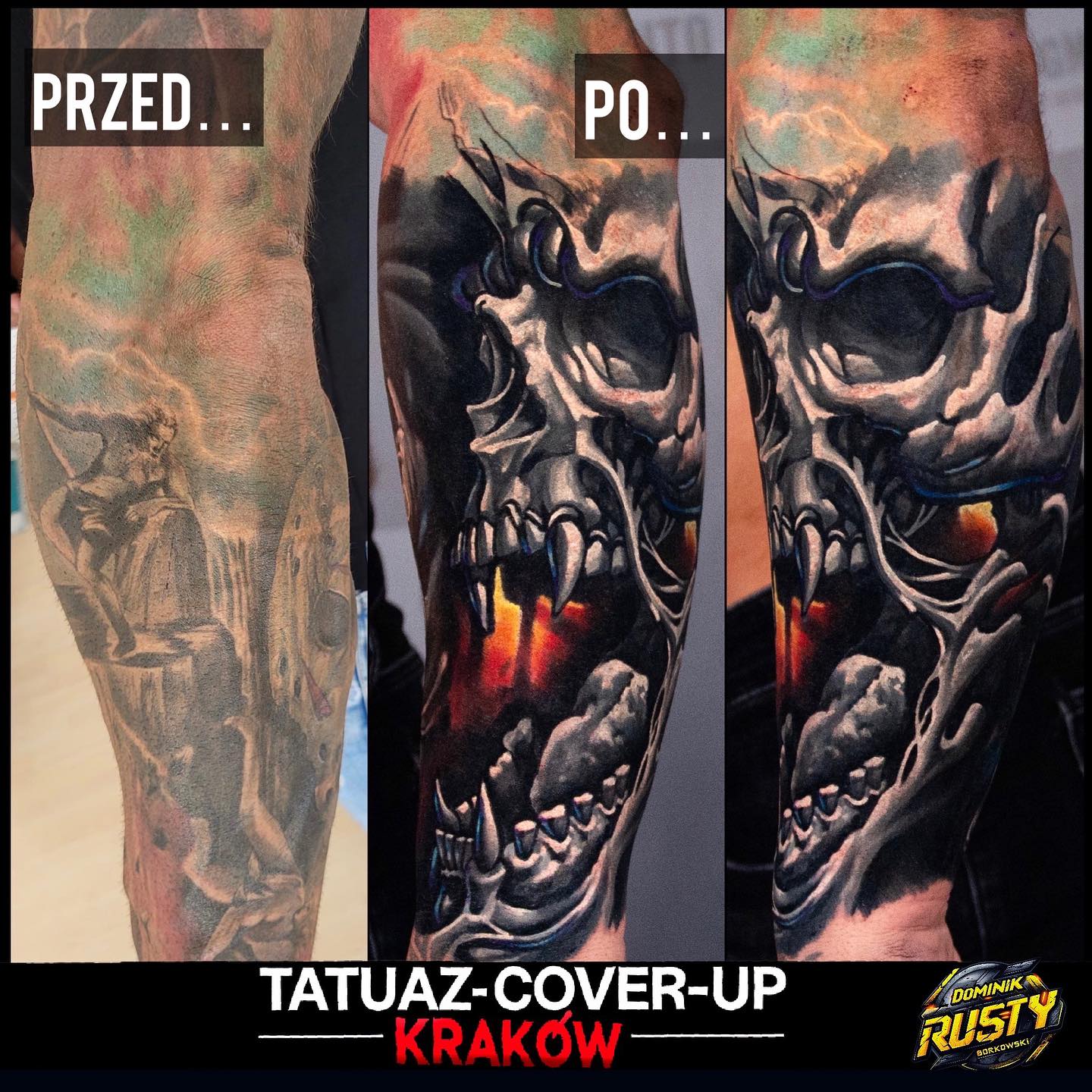 Tatuaż: czaszka · demon. Wykonał Dominik (Kraków). Otwórz zdjęcie w profilu.