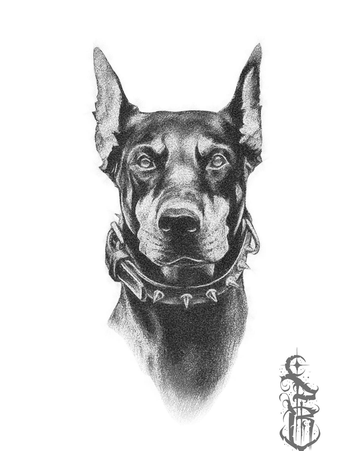 Tatuaż: doberman · pies. Wykonał Dawid (Kraków). Otwórz zdjęcie w profilu.